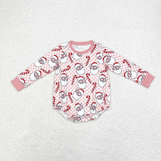 LR1511 Santa Pink Plaid Print Baby Girls Christmas Romper