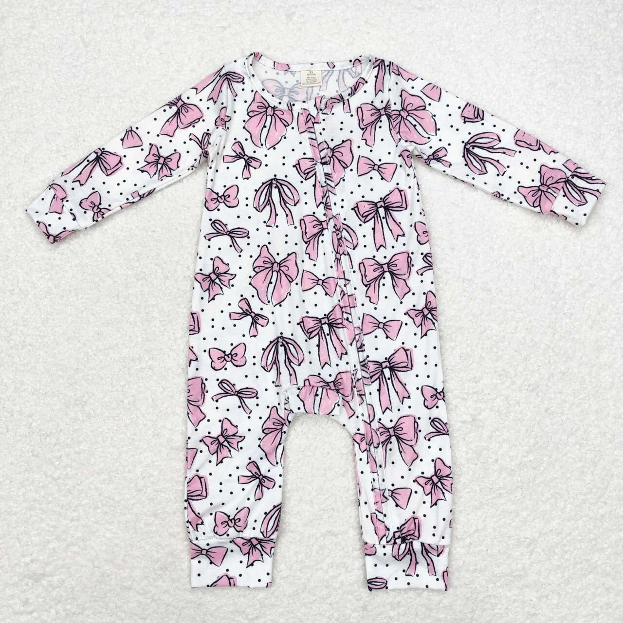 LR1512 Pink Bows Print Baby Girls Fall Bamboo Sleeper Zipper Romper