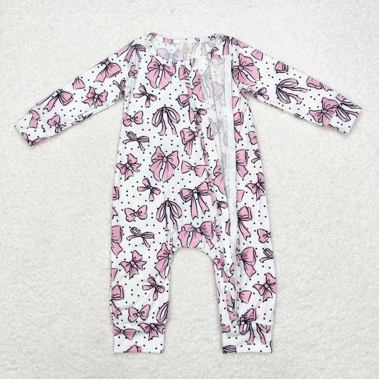 LR1512 Pink Bows Print Baby Girls Fall Bamboo Sleeper Zipper Romper