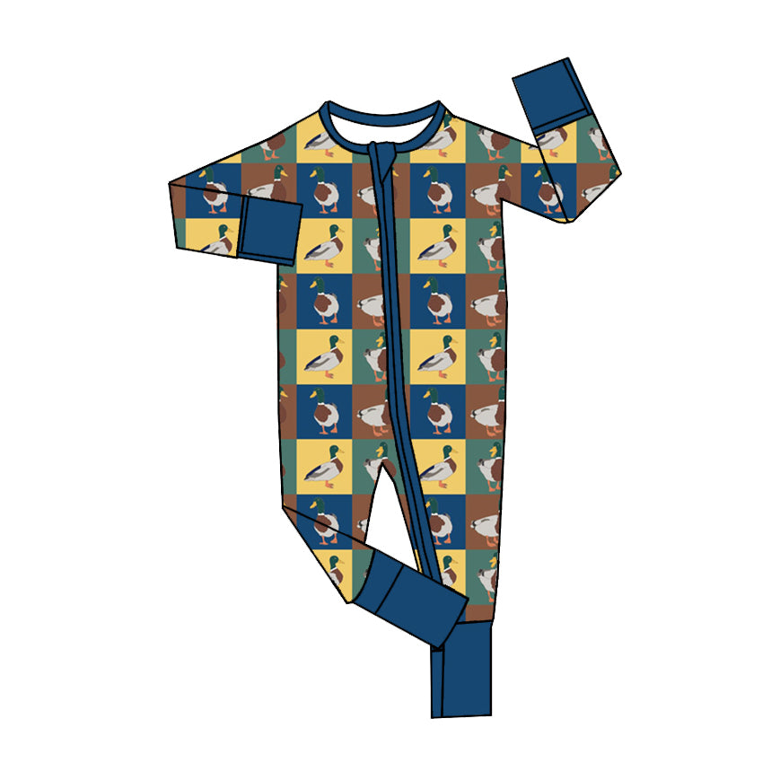 (Pre-order)LR1514 Duck Plaid Print Baby Boys Fall Sleeper Zipper Romper