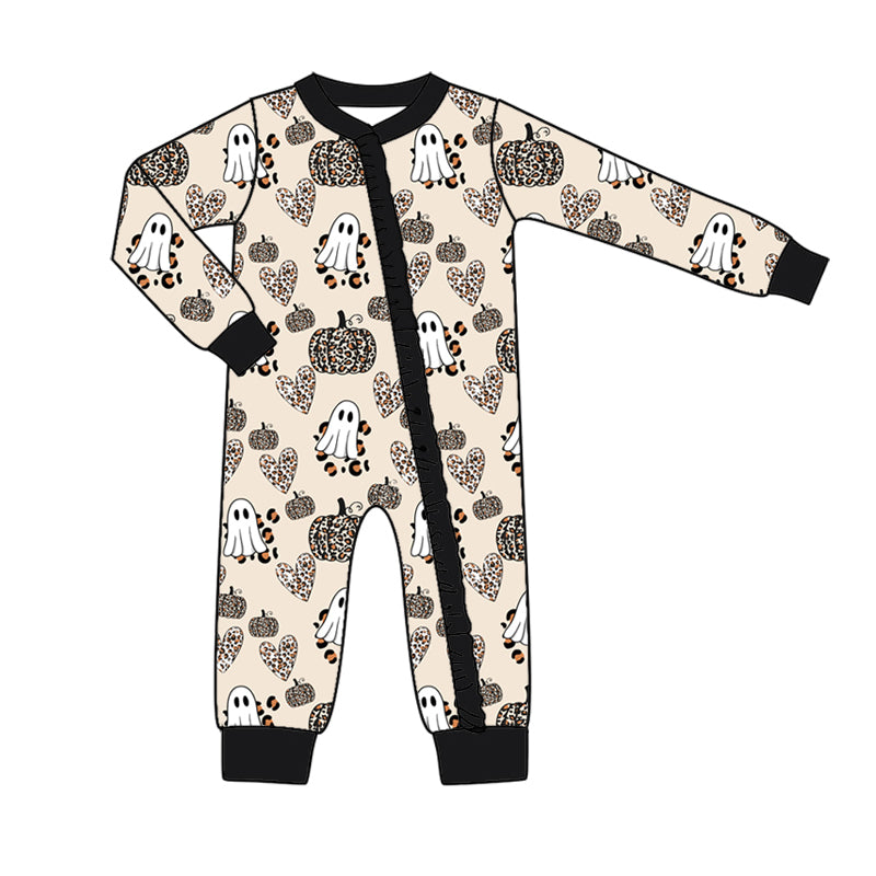 (Pre-order)LR1515 Ghost Pumpkin Leopard Print Baby Girls Halloween Sleeper Zipper Romper