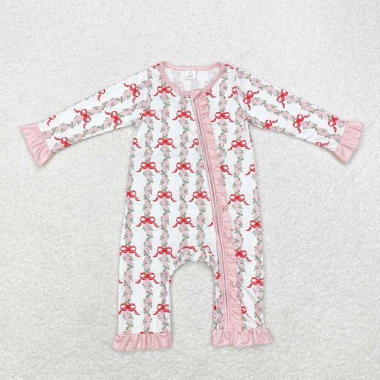 LR1517 Flowers Bows Print Baby Girls Fall Bamboo Sleeper Zipper Romper