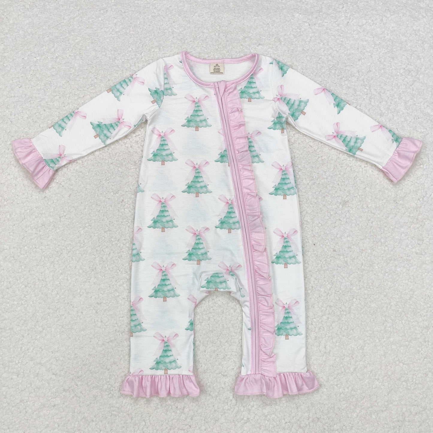 LR1518 Trees Pink Bows Print Baby Girls Christmas Bamboo Sleeper Zipper Romper