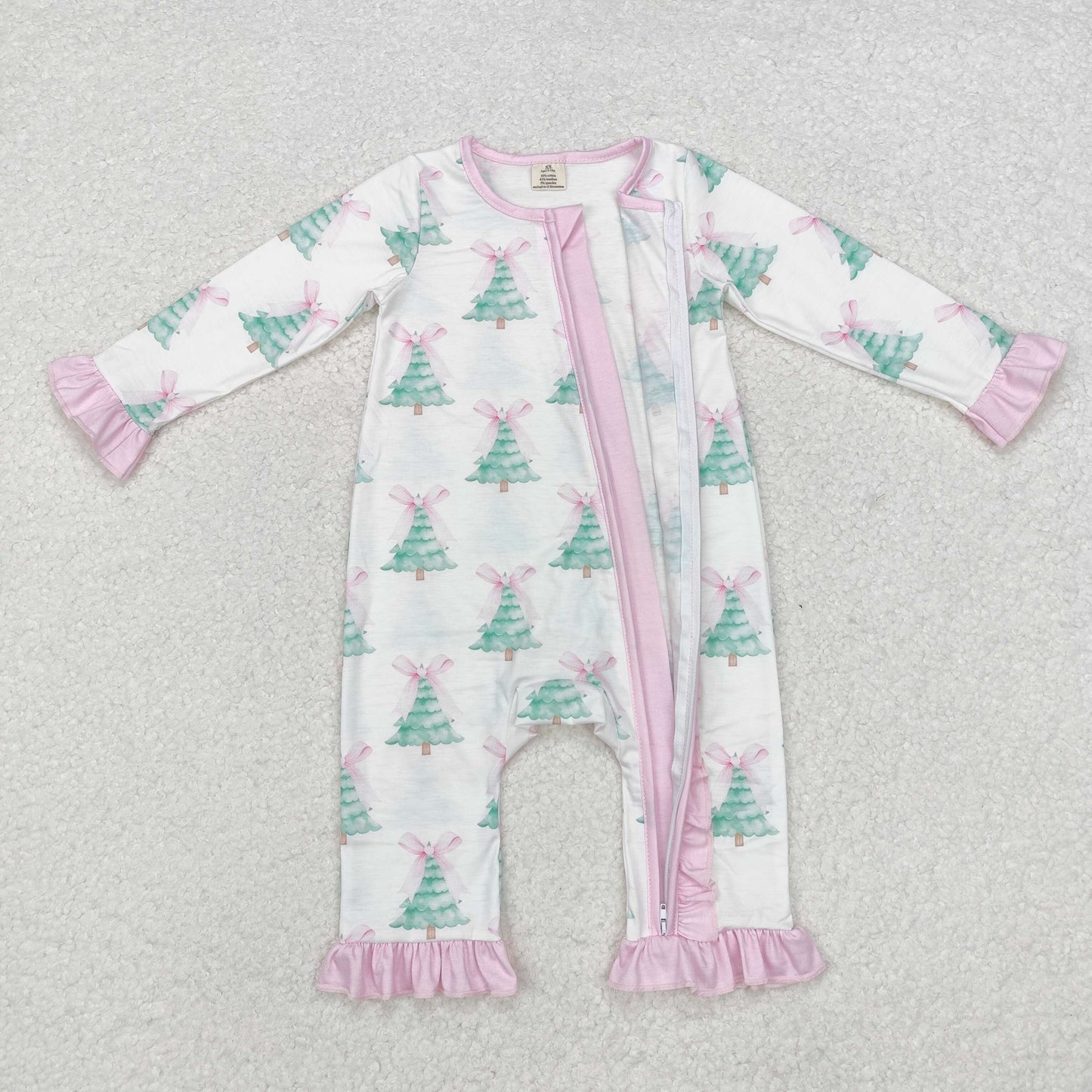 LR1518 Trees Pink Bows Print Baby Girls Christmas Bamboo Sleeper Zipper Romper