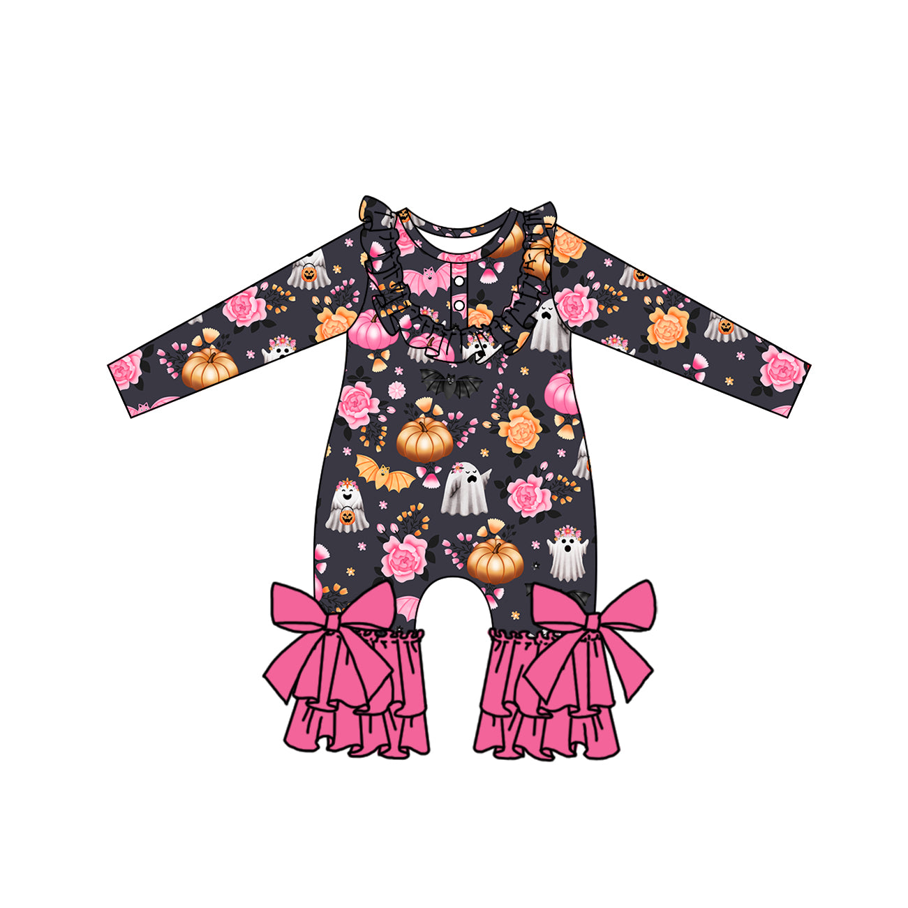 (Pre-order)LR1520 Ghost Pumpkin Flowers Print Baby Girls Halloween Romper