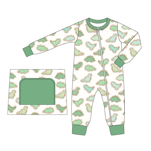 (Pre-order)LR1523 Green Dino Cookie Print Baby Boys Fall Sleeper Zipper Romper