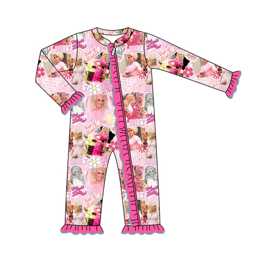 (Pre-order)LR1526 Pink Singer Western Print Baby Girls Fall Sleeper Zipper Romper