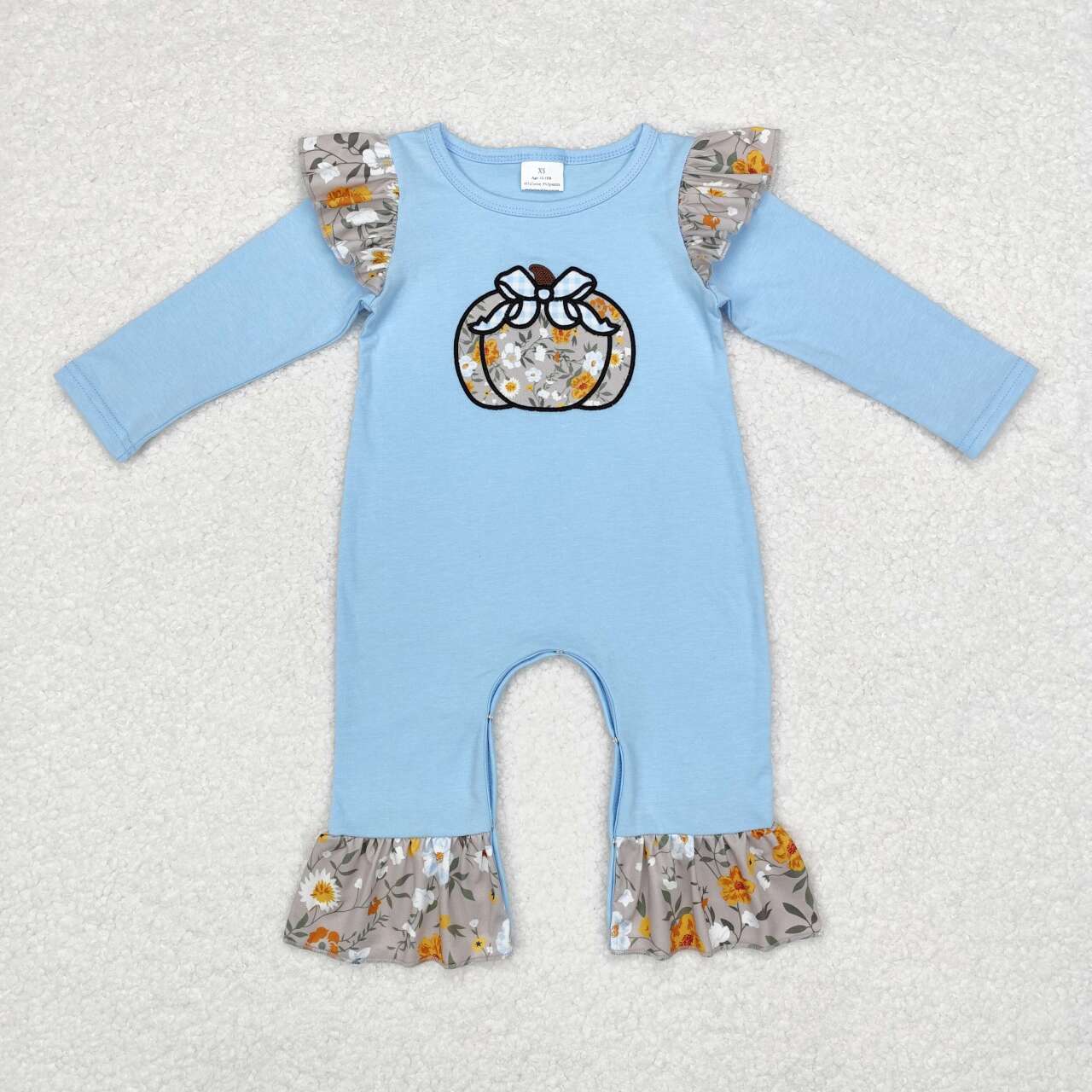 LR1529 Pumpkin Embroidery Flowers Blue Baby Girls Fall Romper