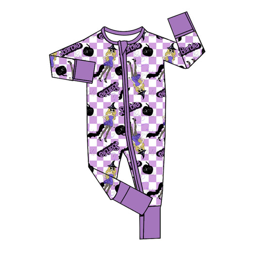 (Pre-order)LR1530 Purple BA Pumpkin Bat Plaid Print Baby Girls Halloween Sleeper Zipper Romper