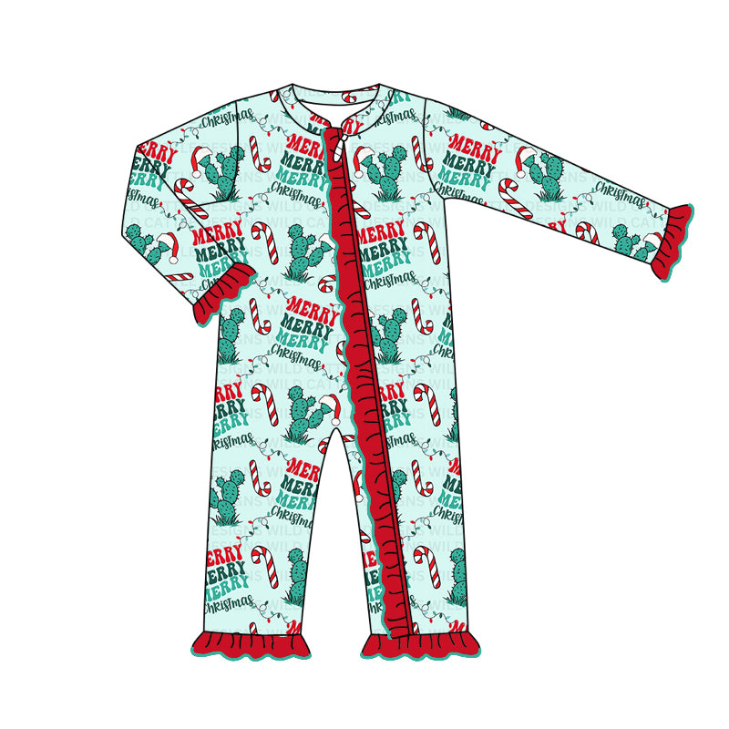 (Pre-order)LR1533 Cactus Candy Cane Print Baby Girls Christmas Sleeper Zipper Romper