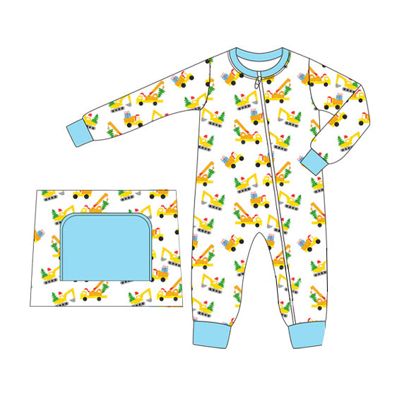 (Pre-order)LR1536 Construction Trucks Print Baby Boys Christmas Sleeper Zipper Romper