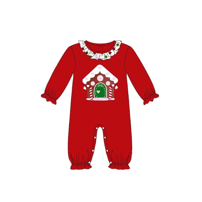 (Pre-order)LR1538 Candy House Red Print Baby Girls Christmas Romper