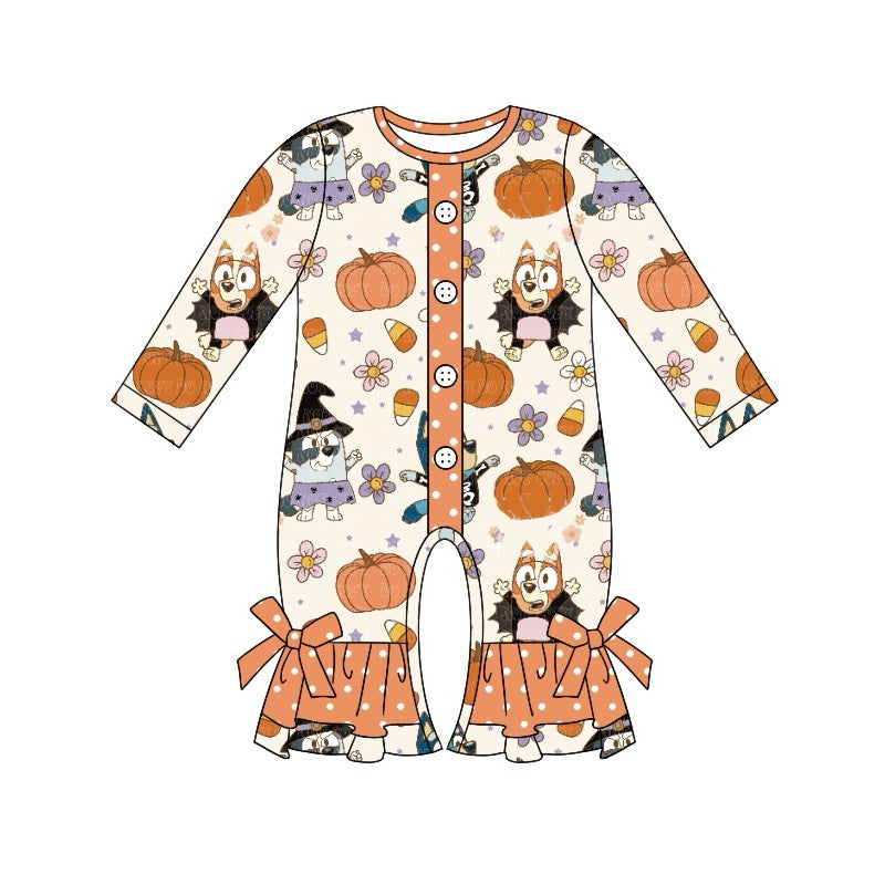 (Pre-order)LR1541 Cartoon Dog Pumpkin Print Baby Girls Halloween Sleeper Zipper Romper