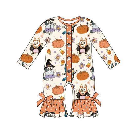 (Pre-order)LR1541 Cartoon Dog Pumpkin Print Baby Girls Halloween Sleeper Zipper Romper