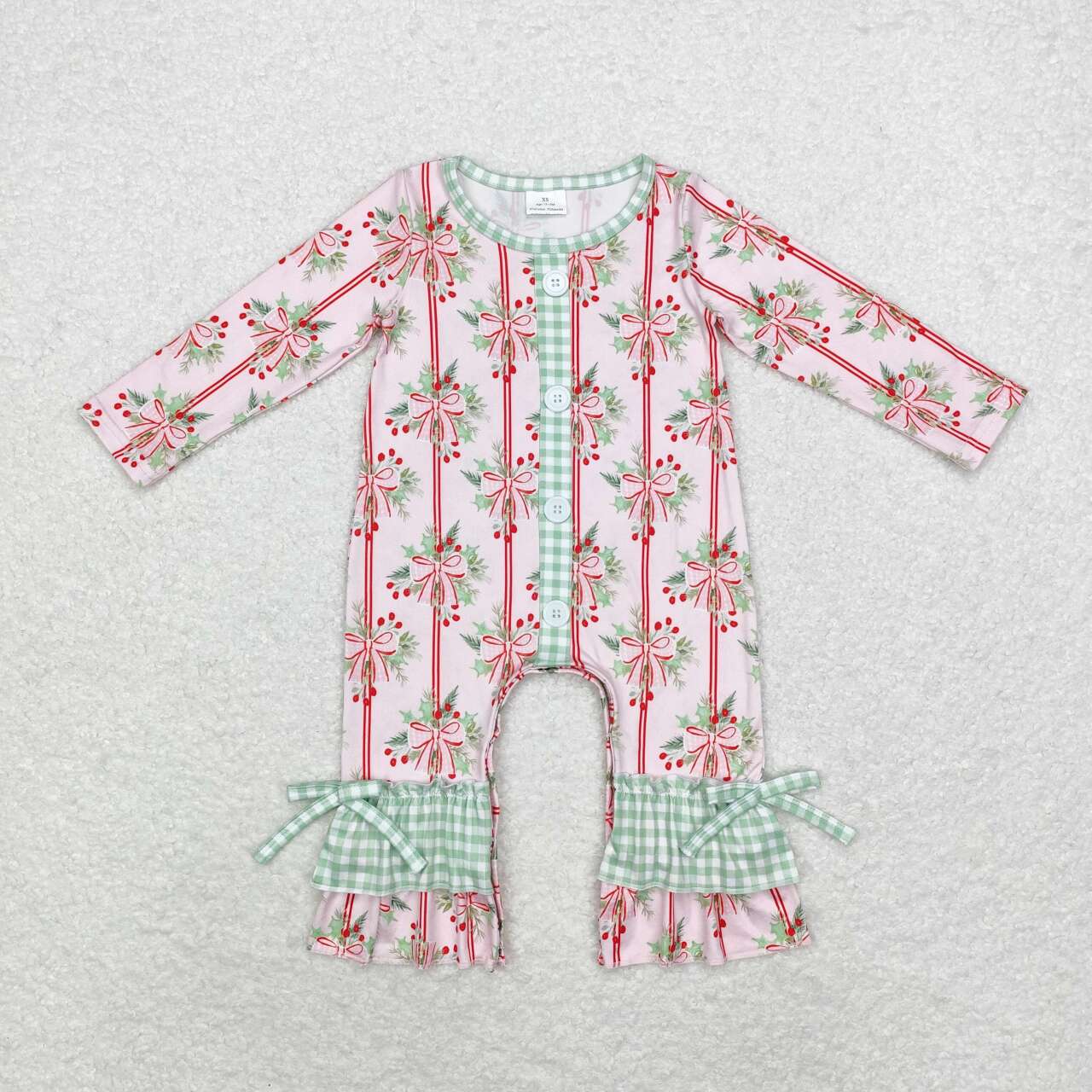 LR1544 Holly Bows Print Baby Girls Christmas Romper