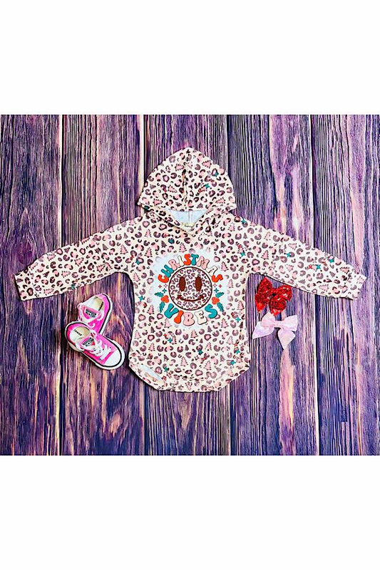 (Pre-order)LR1546 Christmas Vibes Smiling Face Leopard Print Baby Girls Hoodie Romper