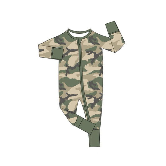 (Pre-order)LR1547 Green Camo Print Baby Boys Fall Sleeper Zipper Romper