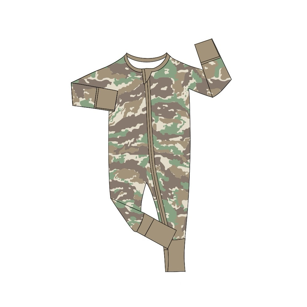 (Pre-order)LR1548 Brown Camo Print Baby Boys Fall Sleeper Zipper Romper