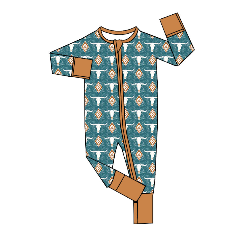 (Pre-order)LR1549 Skull Aztec Print Baby Boys Fall Sleeper Zipper Romper