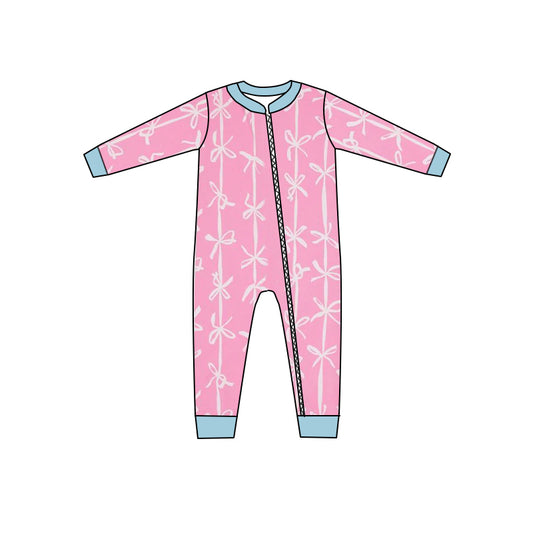 (Pre-order)LR1552 Pink Bows Print Baby Girls Fall Sleeper Zipper Romper