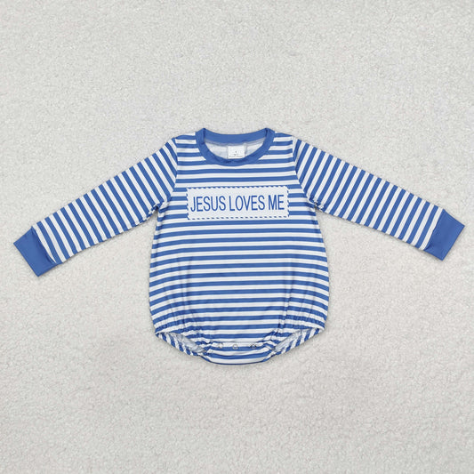 LR1556 Jesus Loves Me Blue Stripes Print Baby Boys Fall Romper