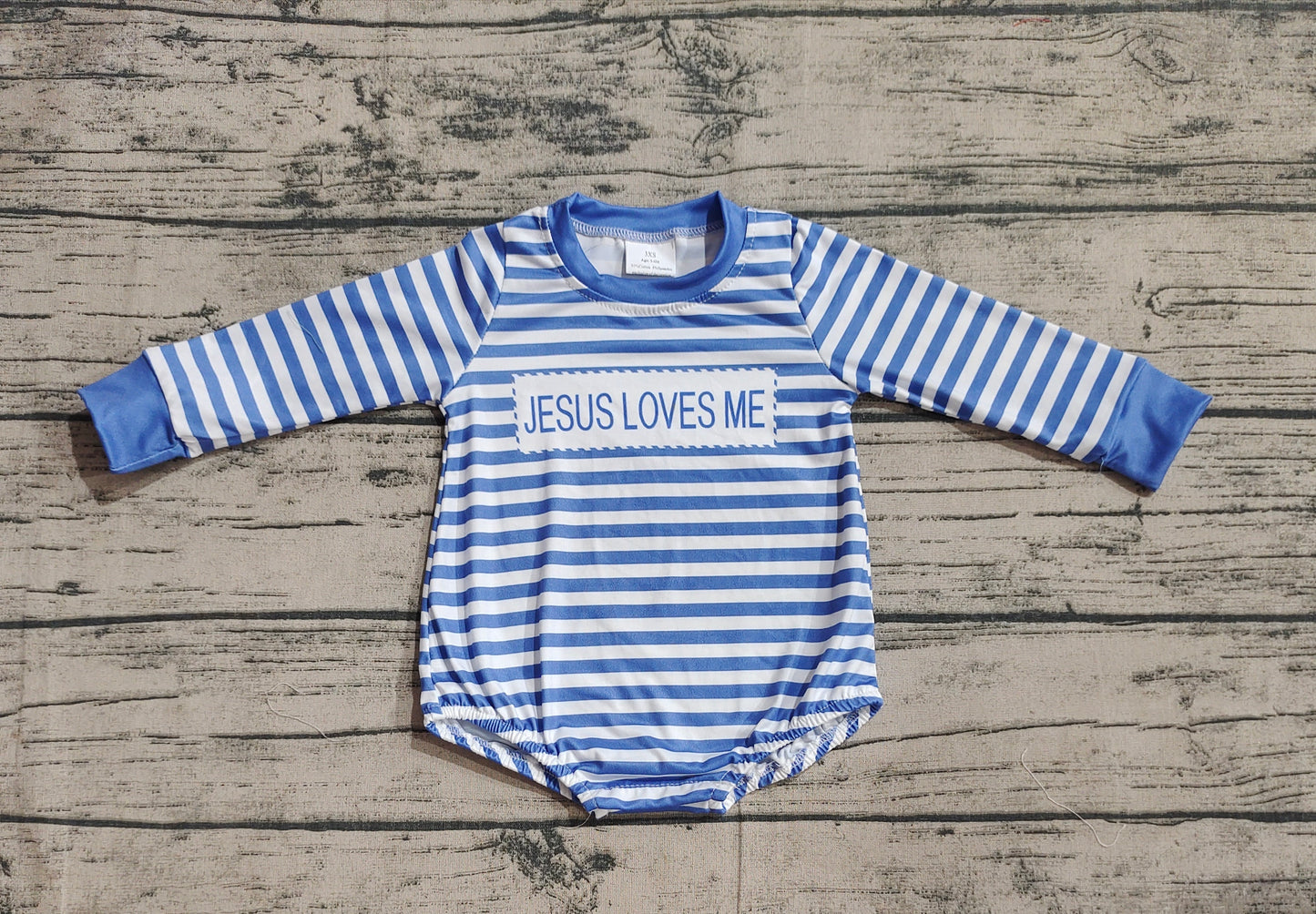 (Pre-order)LR1556 Jesus Loves Me Blue Stripes Print Baby Boys Fall Romper