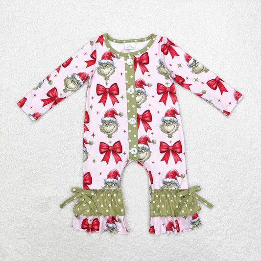 LR1557 Green Frog Red Bows Print Baby Girls Christmas Romper