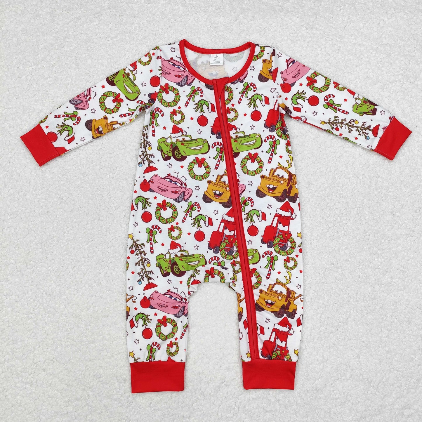 LR1559 Cartoon Cars Flowers Print Baby Christmas Bamboo Sleeper Zipper Romper