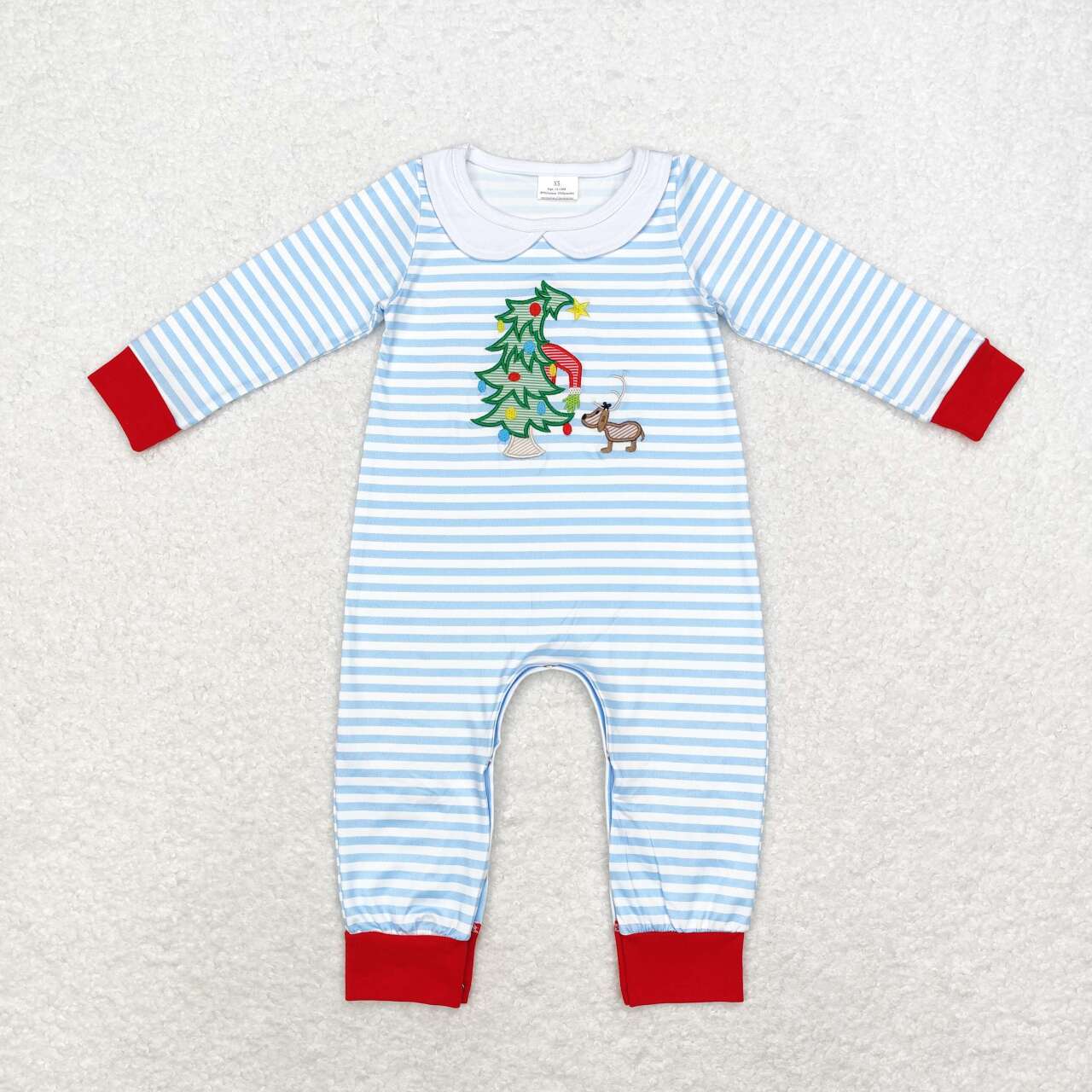 LR1564 Tree Embroidery Blue Stripes Print Baby Boys Christmas Romper