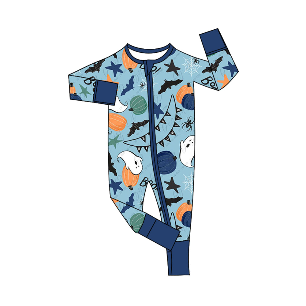 (Pre-order)LR1568 Ghost Pumpkin Blue Print Baby Boys Halloween Sleeper Zipper Romper