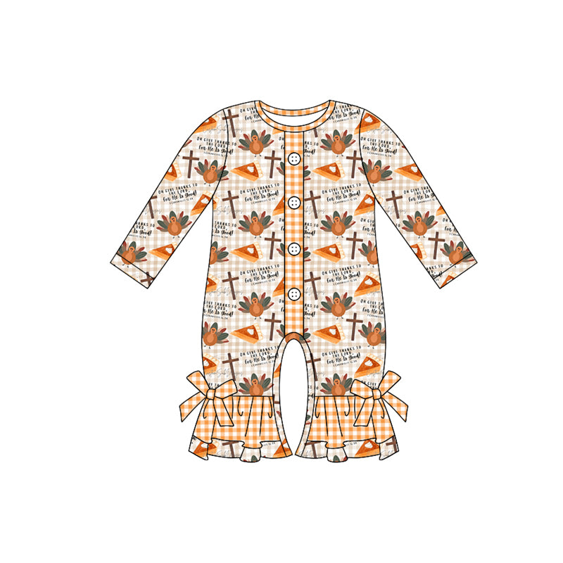 (Pre-order)LR1570 Turky Pie Print Baby Girls Thanksgiving Buttons Romper