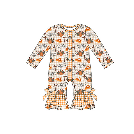 (Pre-order)LR1570 Turky Pie Print Baby Girls Thanksgiving Buttons Romper