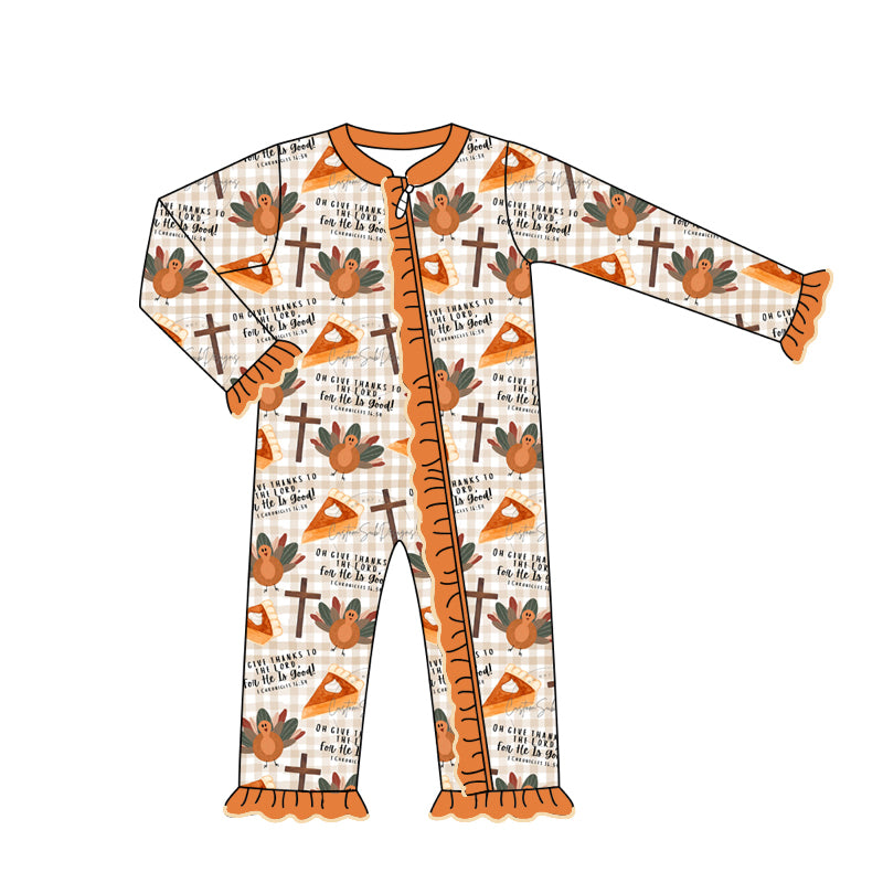 (Pre-order)LR1571 Turky Pie Print Baby Girls Thanksgiving Sleeper Zipper Romper