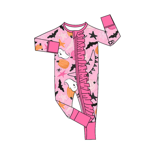 (Pre-order)LR1572 Ghost Pumpkin Pink Print Baby Girls Halloween Sleeper Zipper Romper