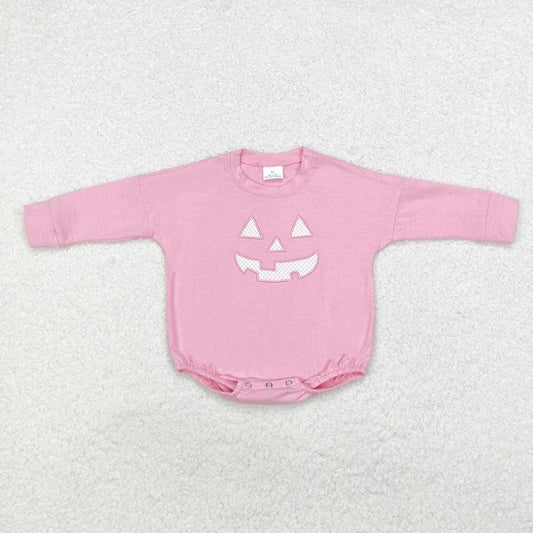 LR1573 Ghost Face Embroidery Pink Print Baby Girls Halloween Romper