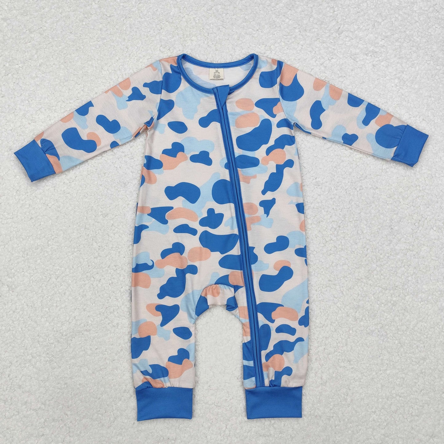 LR1574 Blue Camo Print Baby Boys Bamboo Fall Sleeper Zipper Romper