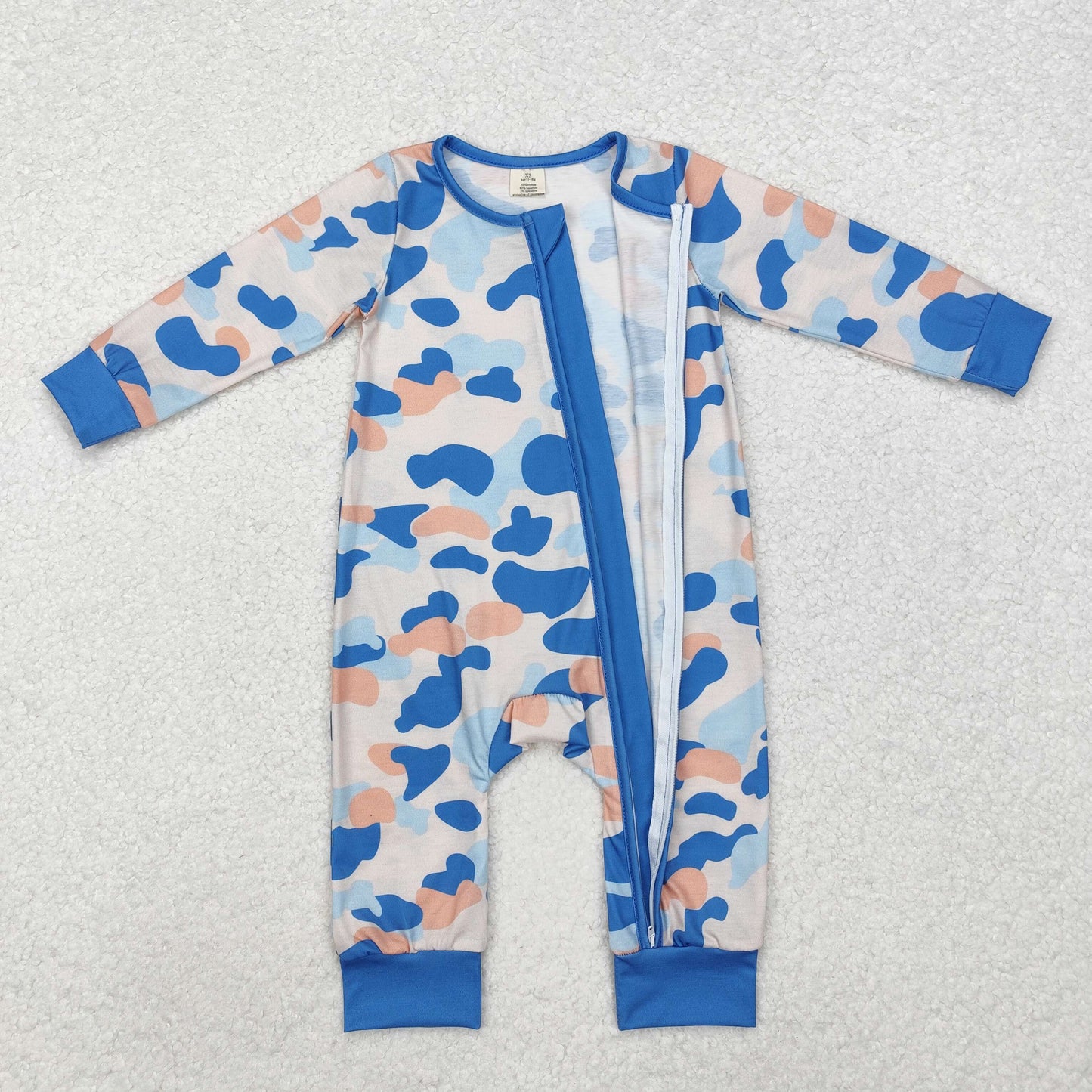 LR1574 Blue Camo Print Baby Boys Bamboo Fall Sleeper Zipper Romper