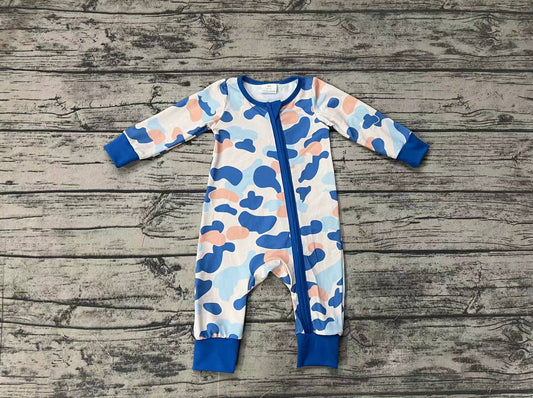 (Pre-order)LR1574 Blue Camo Print Baby Boys Fall Sleeper Zipper Romper