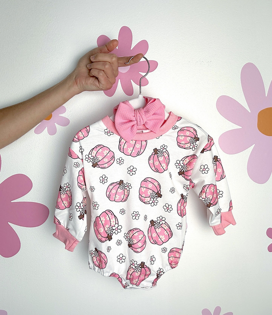 (Pre-order)LR1577 Pink Pumpkin Flowers Print Baby Girls Fall Romper