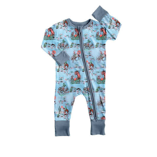 (Pre-order)LR1578 Blue Rodeo Print Baby Boys Fall Sleeper Zipper Romper