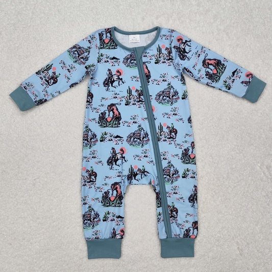 LR1578 Cowboy Blue Print Baby Boys Western Sleeper Zipper Romper