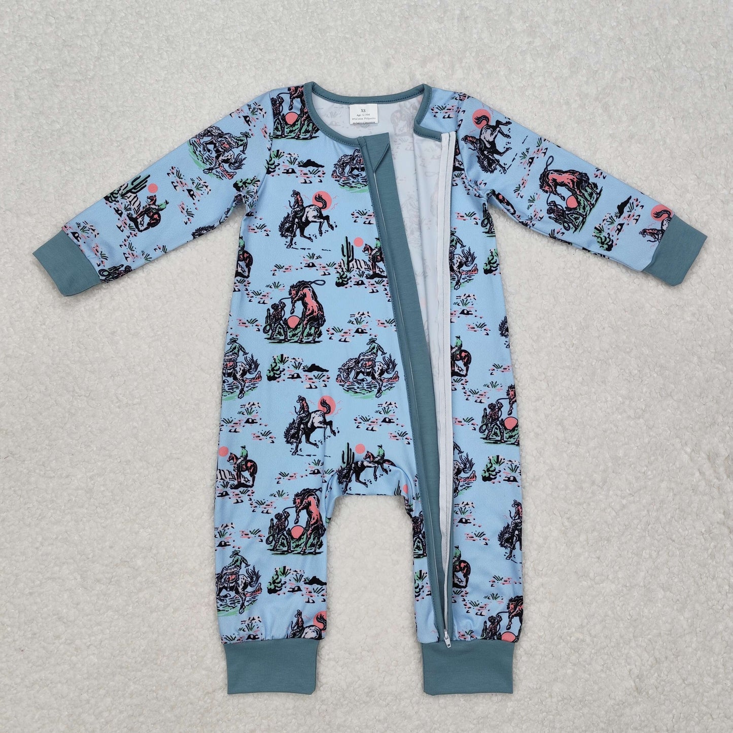 LR1578 Cowboy Blue Print Baby Boys Western Sleeper Zipper Romper