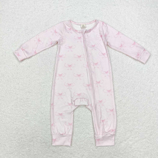 LR1579 Pink Bows Print Baby Girls Fall Bamboo Sleeper Zipper Romper