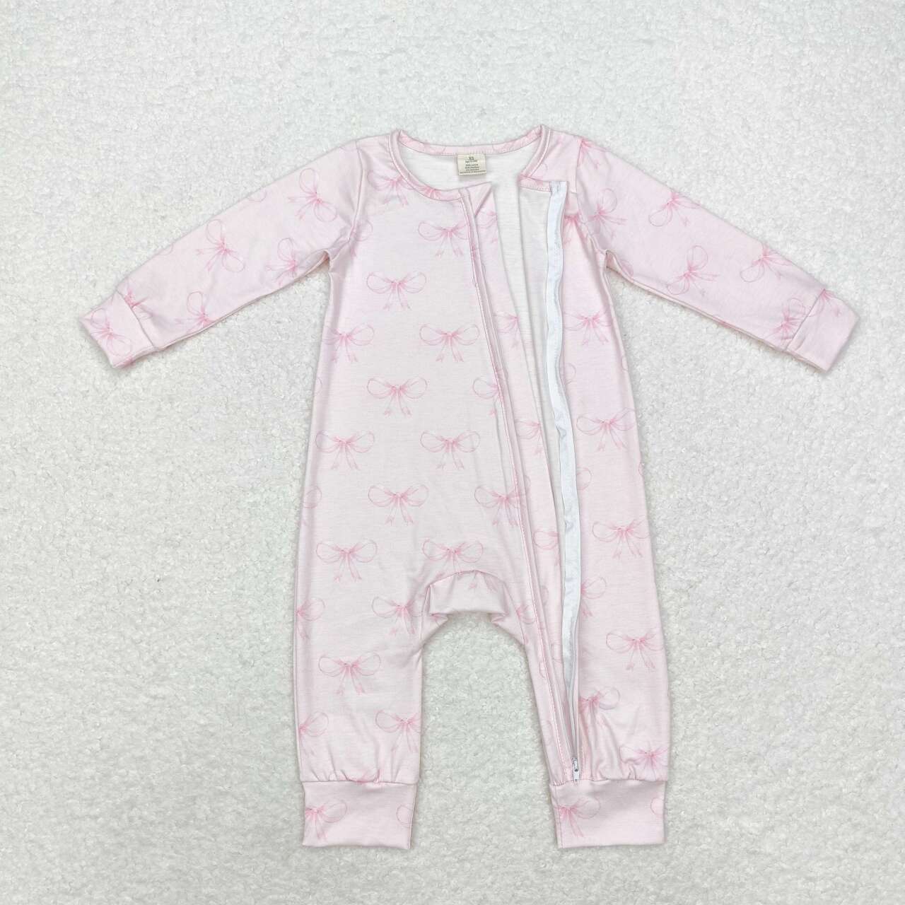 LR1579 Pink Bows Print Baby Girls Fall Bamboo Sleeper Zipper Romper