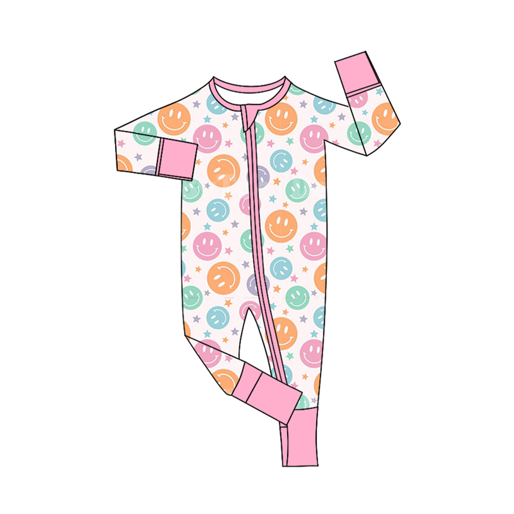 (Pre-order)LR1582 Colorful Smiling Face Print Baby Girls Fall Sleeper Zipper Romper