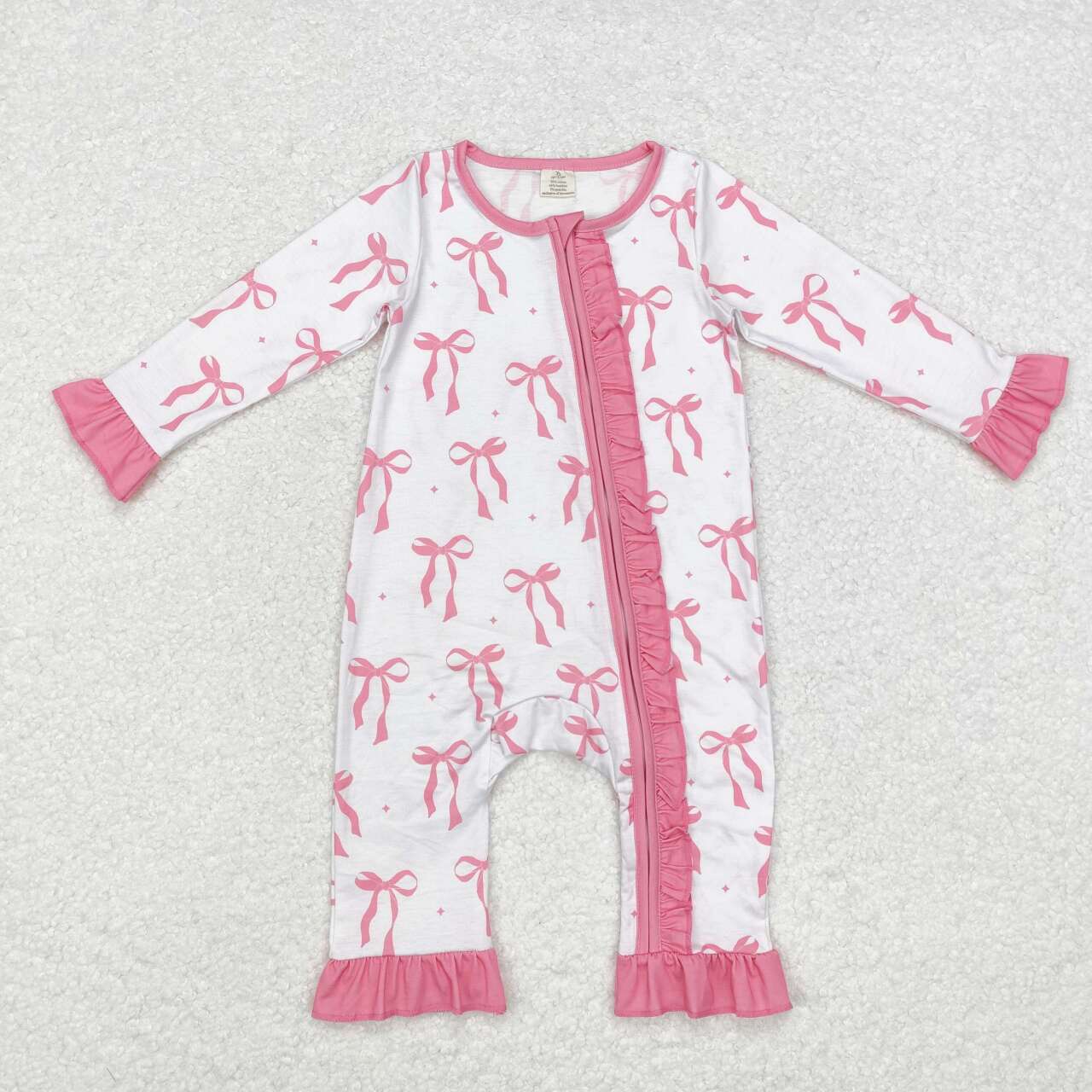 LR1584 Pink Bows Print Baby Girls Fall Bamboo Sleeper Zipper Romper