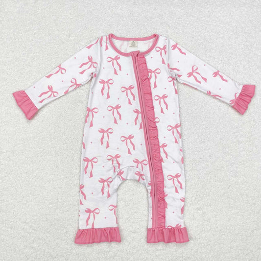 LR1584 Pink Bows Print Baby Girls Fall Bamboo Sleeper Zipper Romper