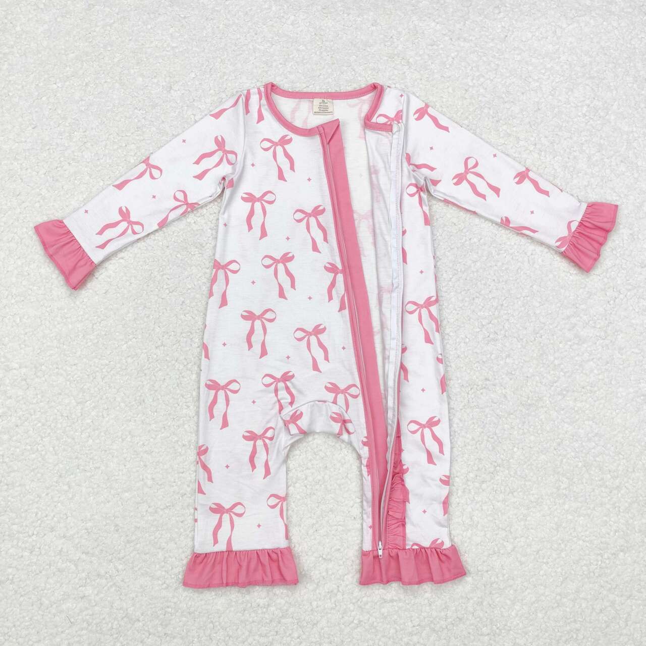 LR1584 Pink Bows Print Baby Girls Fall Bamboo Sleeper Zipper Romper