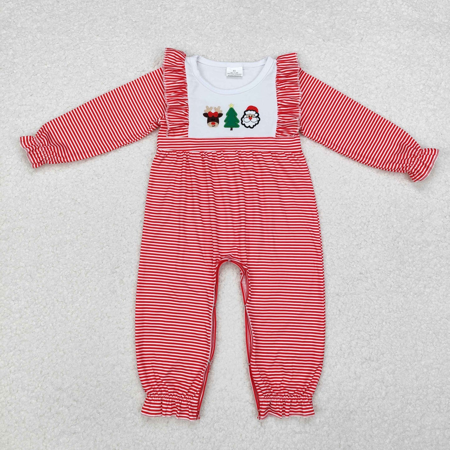 LR1588 Deer Tree Santa Embroidery Red Stripes Print Baby Girls Christmas Romper