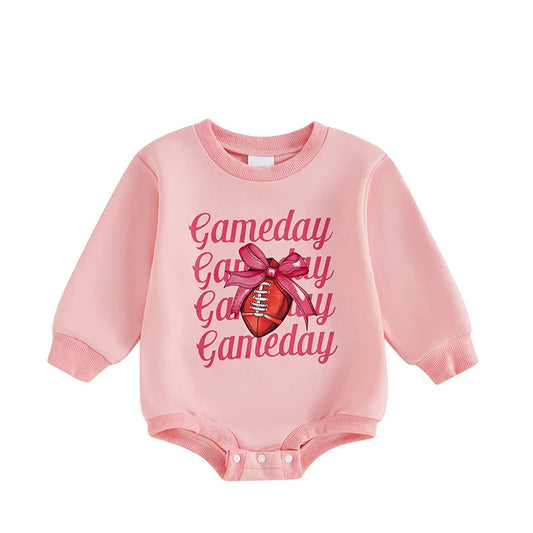 (Pre-order)LR1589 Gameday Football Bows Pink Print Baby Girls Fall Romper